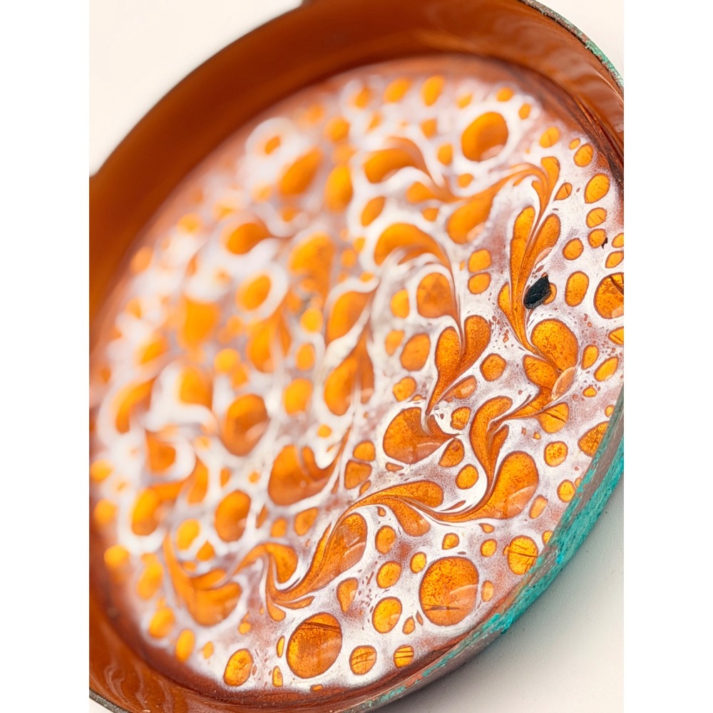 Vintage Mid Century Enamel on Copper Trinket Dish Orange White Marbled 5 Inch